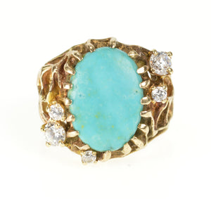 14K Turquoise CZ Textured Nugget Web Statement Ring Size 7.75 Yellow Gold
