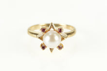Load image into Gallery viewer, 10K Retro Pearl Ruby Star Cluster Statement Ring Size 4.75 Yellow Gold