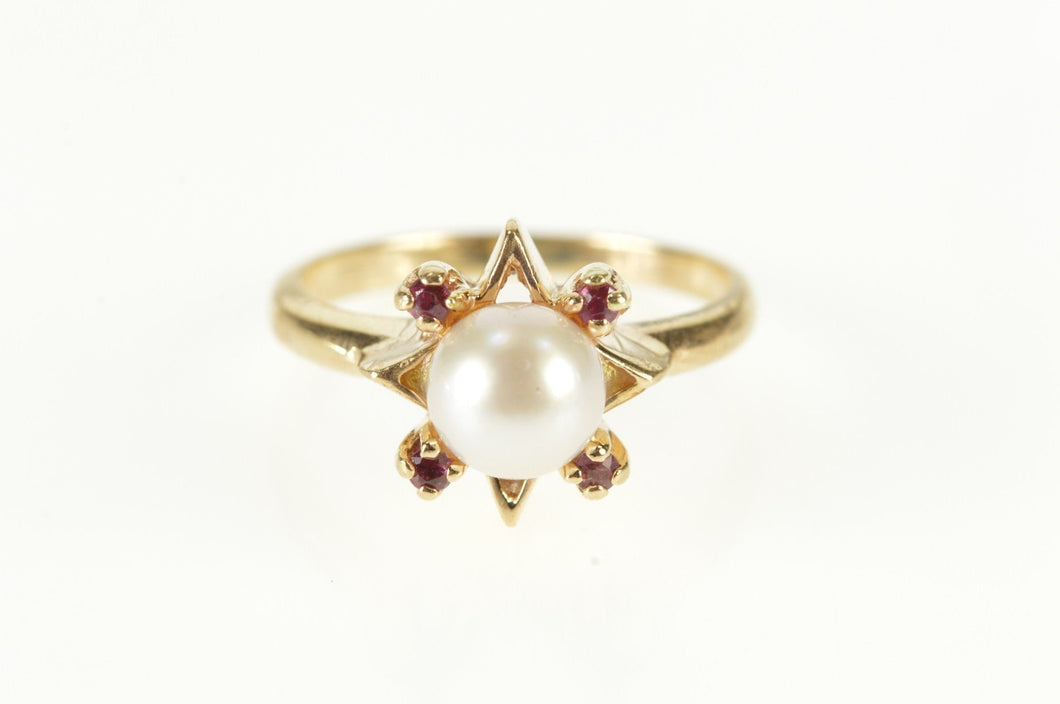 10K Retro Pearl Ruby Star Cluster Statement Ring Size 4.75 Yellow Gold