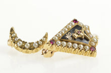 Load image into Gallery viewer, 10K Seed Pearl Ruby Stag Crescent Moon Lapel Pin/Brooch Yellow Gold