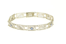 Load image into Gallery viewer, 14K Art Deco Ornate Filigree Syn. Sapphire Bracelet 6.5&quot; White Gold