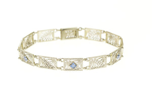 14K Art Deco Ornate Filigree Syn. Sapphire Bracelet 6.5" White Gold