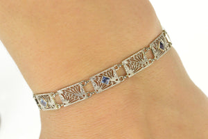14K Art Deco Ornate Filigree Syn. Sapphire Bracelet 6.5" White Gold