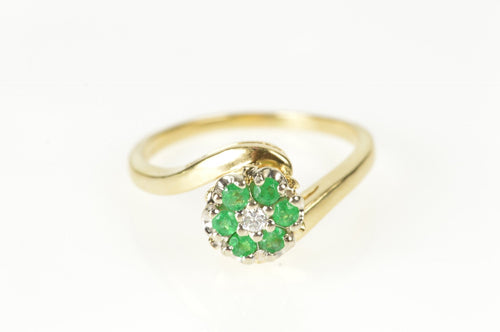 14K Emerald Diamond Floral Cluster Engagement Ring Size 7.5 Yellow Gold