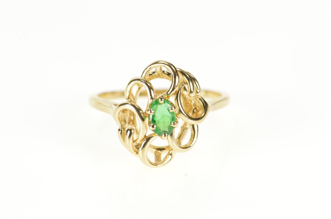 14K Natural Emerald Solitaire Wavy Swirl Cocktail Ring Size 5.75 Yellow Gold