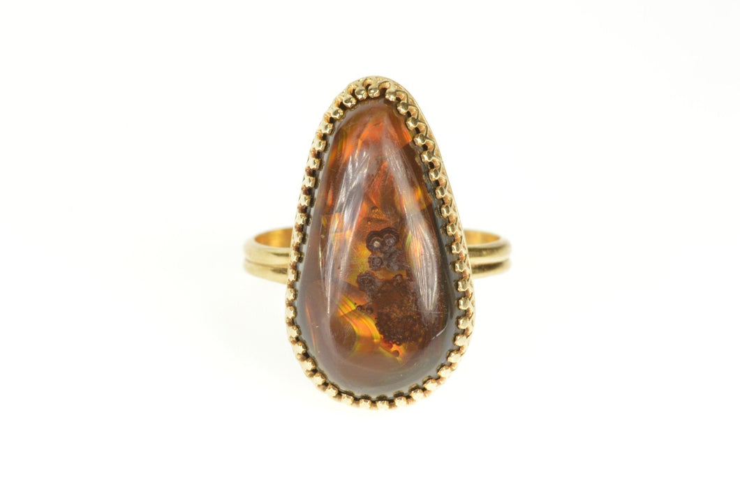 14K Fire Agate Cabochon Statement Ring Size 10.75 Yellow Gold