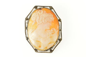 14K Art Deco Ornate Carved Lady Cameo Filigree Pendant/Pin Yellow Gold