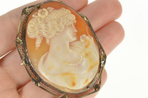 14K Art Deco Ornate Carved Lady Cameo Filigree Pendant/Pin Yellow Gold