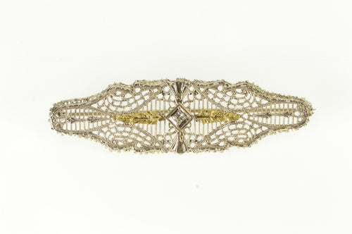 10K Art Deco Diamond Filigree Two Tone Leaf Ornate Pin/Brooch White Gold