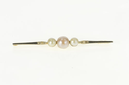 14K Pearl Diamond Accent Ornate Retro Bar Pin/Brooch Yellow Gold