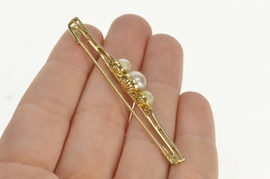 14K Pearl Diamond Accent Ornate Retro Bar Pin/Brooch Yellow Gold