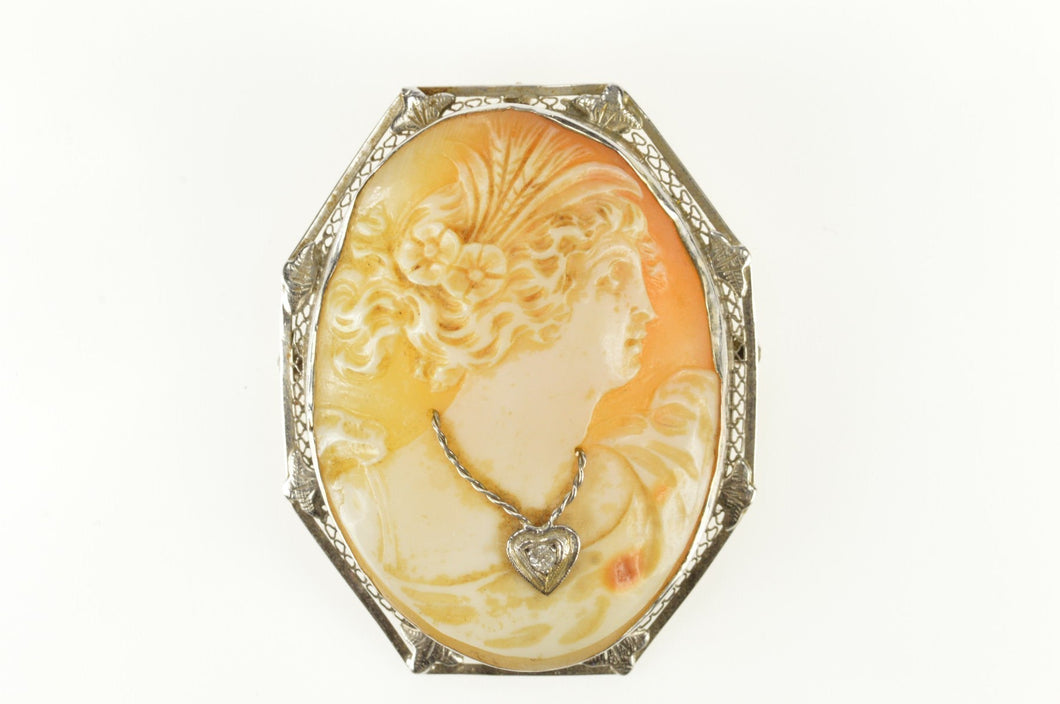 14K Carved Diamond Necklace Lady Filigree Cameo Pendant/Pin White Gold