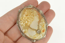 Load image into Gallery viewer, 14K Carved Diamond Necklace Lady Filigree Cameo Pendant/Pin White Gold