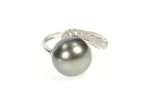 14K Pave Diamond Tahitian Pearl Bypass Cocktail Ring Size 7 White Gold