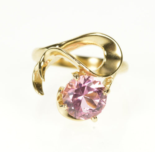 14K Round Pink Topaz Solitaire Wavy Statement Ring Size 6.5 Yellow Gold