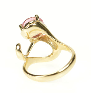 14K Round Pink Topaz Solitaire Wavy Statement Ring Size 6.5 Yellow Gold