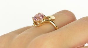 14K Round Pink Topaz Solitaire Wavy Statement Ring Size 6.5 Yellow Gold