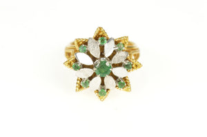 18K Retro Two Tone Emerald Floral Rope Cocktail Ring Size 6.25 Yellow Gold