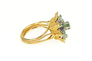 18K Retro Two Tone Emerald Floral Rope Cocktail Ring Size 6.25 Yellow Gold