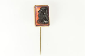 10K Carved Onyx Soldier Cameo Squared Ornate Stick Pin Yellow Gold