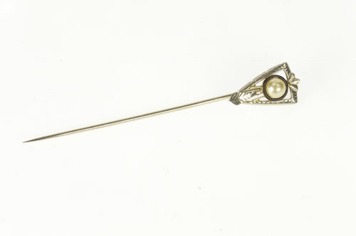 18K Pearl Black Enamel Art Deco Decorative Stick Pin White Gold