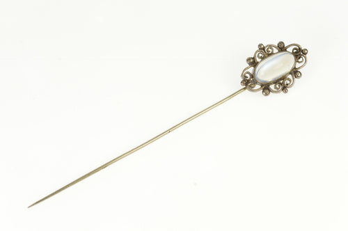 Sterling Silver Oval Moonstone Scroll Swirl Filigree Stick Pin
