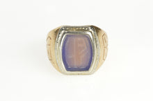 Load image into Gallery viewer, 14K Art Deco Etched Blue Chalcedony Monogram Ring Size 5 Yellow Gold