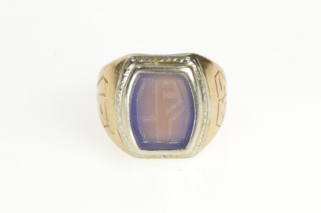 14K Art Deco Etched Blue Chalcedony Monogram Ring Size 5 Yellow Gold