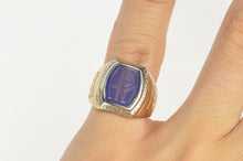 Load image into Gallery viewer, 14K Art Deco Etched Blue Chalcedony Monogram Ring Size 5 Yellow Gold