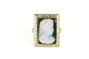 10K Art Deco Two Tone Black Onyx Carved Cameo Ring Size 2.25 Yellow Gold