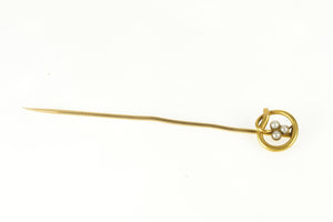14K Pearl Inset Shamrock Clover Victorian Stick Pin Yellow Gold