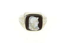 Load image into Gallery viewer, 10K Art Deco Black Onyx Cameo Men&#39;s Etched Ring Size 11 White Gold
