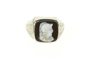 10K Art Deco Black Onyx Cameo Men's Etched Ring Size 11 White Gold