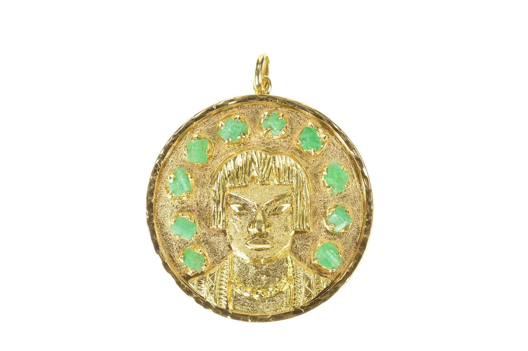 18K Ornate Stylized Peruvian Face Raw Emerald Pendant Yellow Gold