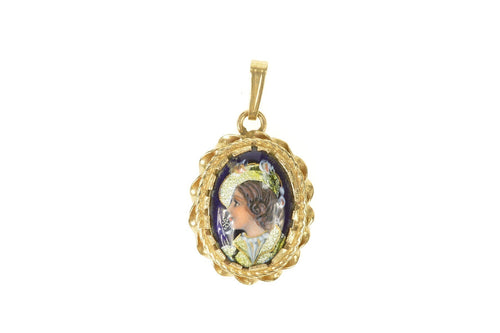 14K French Ornate Ceramic Lady Portrait Pendant Yellow Gold
