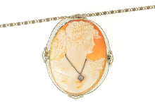 Load image into Gallery viewer, 14K Art Deco Carved Lady Diamond Cameo Filigree Necklace 24&quot; White Gold
