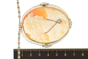 14K Art Deco Carved Lady Diamond Cameo Filigree Necklace 24" White Gold