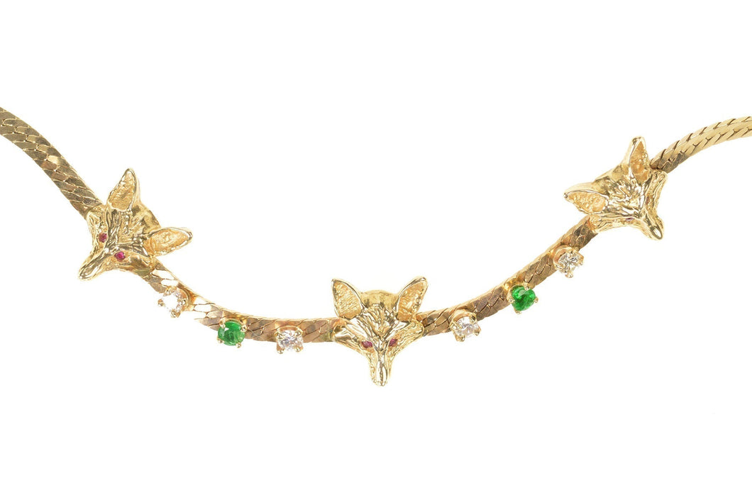 14K Ornate Emerald Diamond Wolf Head Herringbone Necklace 18