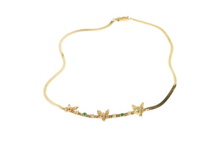 14K Ornate Emerald Diamond Wolf Head Herringbone Necklace 18" Yellow Gold