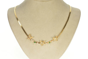 14K Ornate Emerald Diamond Wolf Head Herringbone Necklace 18" Yellow Gold