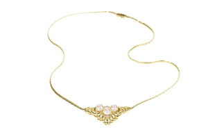 14K Ornate Pearl Diamond Scrollwork Statement Necklace 16.5" Yellow Gold