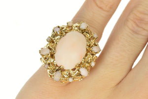 14K 1950's Coral Oval Halo Leaf Vine Cocktail Ring Size 4.5 Yellow Gold