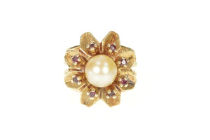 14K 1960's Pearl Ruby Flower Cluster Cocktail Ring Size 4.75 Yellow Gold