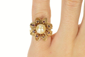 14K 1960's Pearl Ruby Flower Cluster Cocktail Ring Size 4.75 Yellow Gold