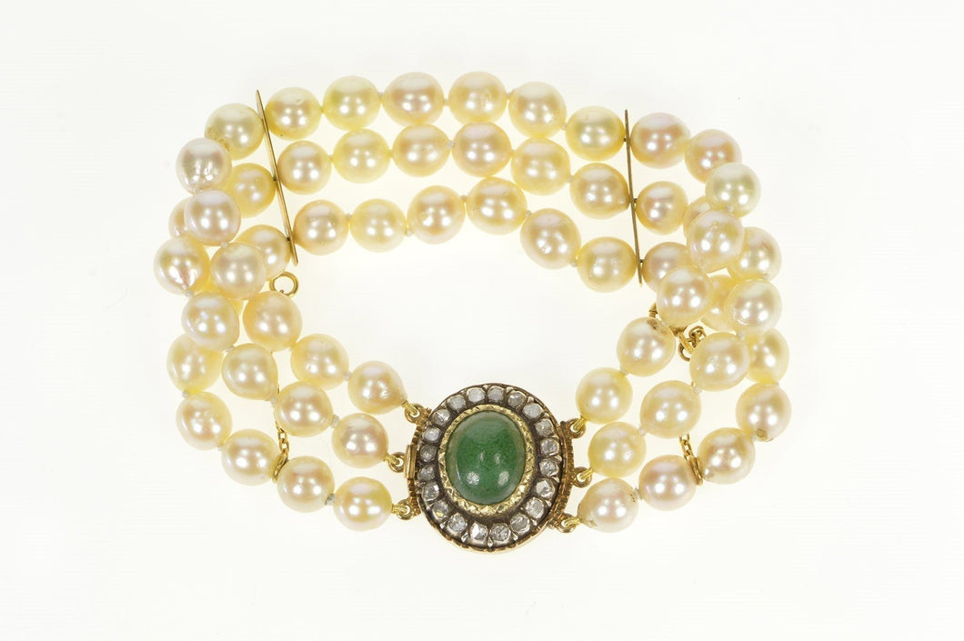 14K Victorian Jade Diamond Halo Pearl Layered Bracelet 6.25