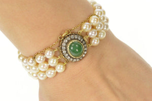 14K Victorian Jade Diamond Halo Pearl Layered Bracelet 6.25" Yellow Gold