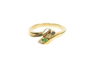 14K Retro Emerald Diamond Sapphire Peridot Bypass Ring Size 6.5 Yellow Gold