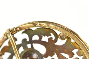 14K 1940's Diamond Inset Ornate Scrollwork Round Pin/Brooch Yellow Gold