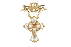 14K Victorian Ornate Enamel Masonic Heraldic Cross Pin/Brooch Yellow Gold