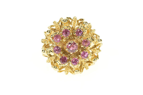14K 1960's Ruby Ornate Round Cluster Cocktail Ring Size 5 Yellow Gold